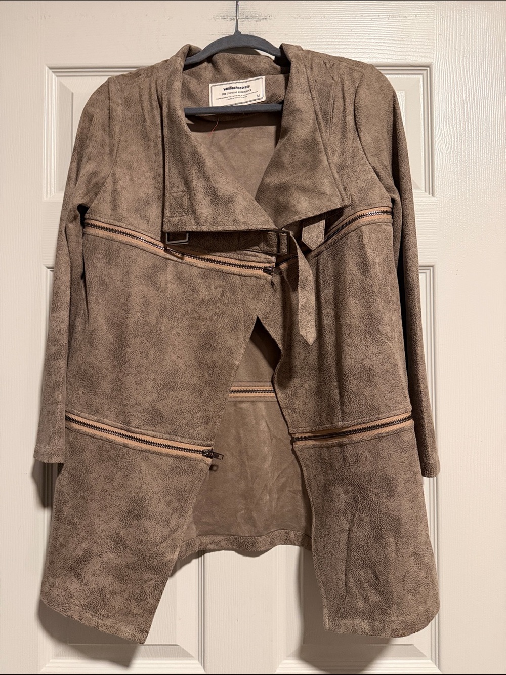 Chocolate Faux-Suede Taupe Motorcycle-Style Jacket